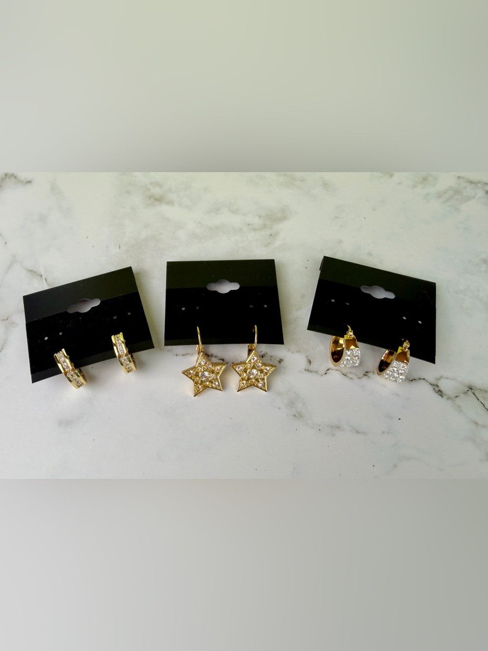 Lot of 3 Gold Tone Rhinestone Earring Set - Stars, TC Pavé & Channel Huggies